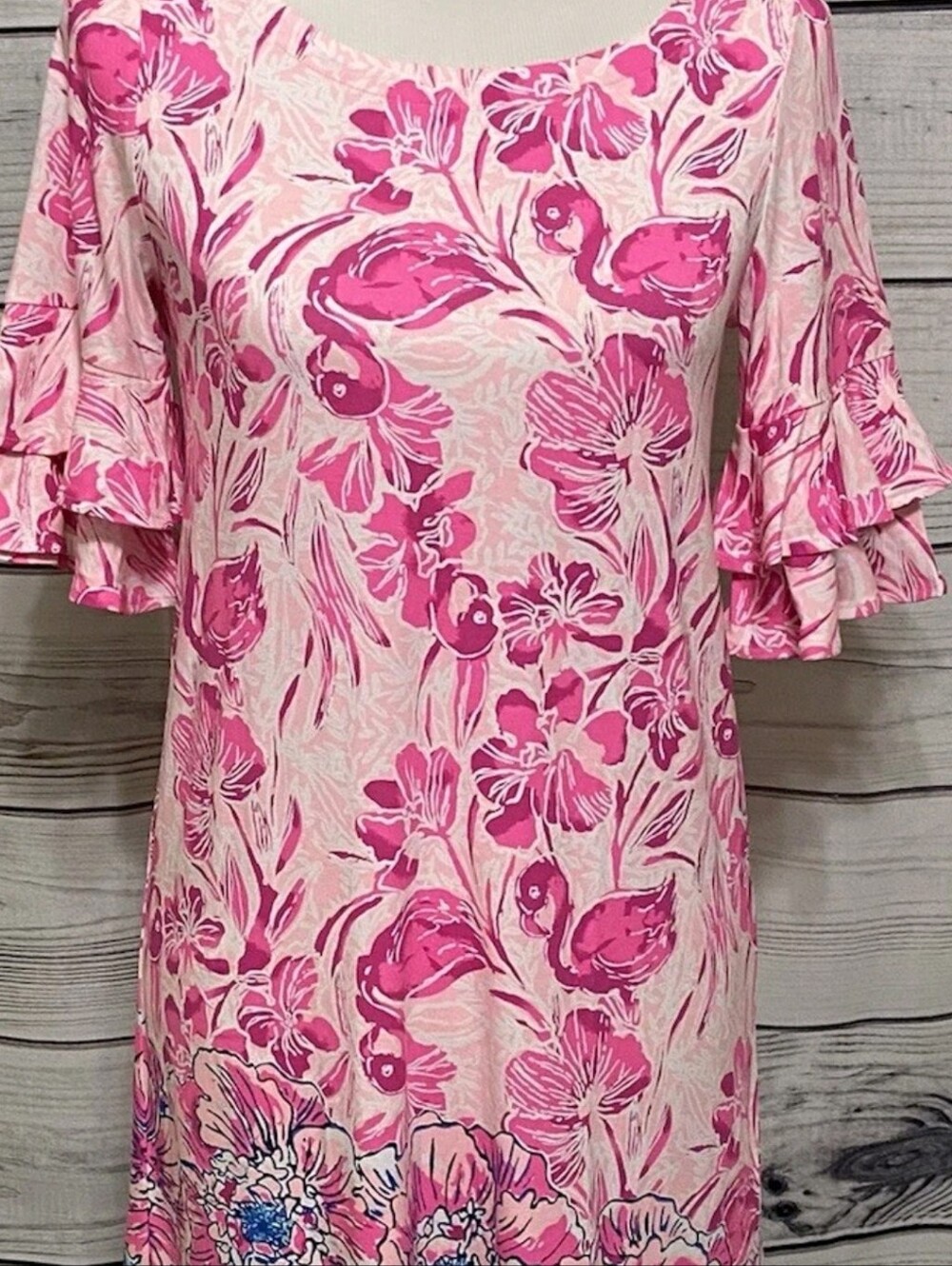 Lilly Pulitzer Pink Floral Ruffle-Sleeve Lula Dress with Blue Hem Size L